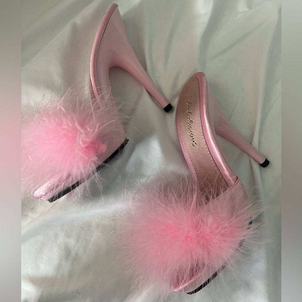 Pink fluffy coquette mule heels - fabulicious
